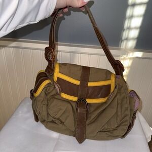 VTG GAP Jeans 1969 Hobo Buckle Shoulder Bag Brown Yellow Leather Canvas Purse